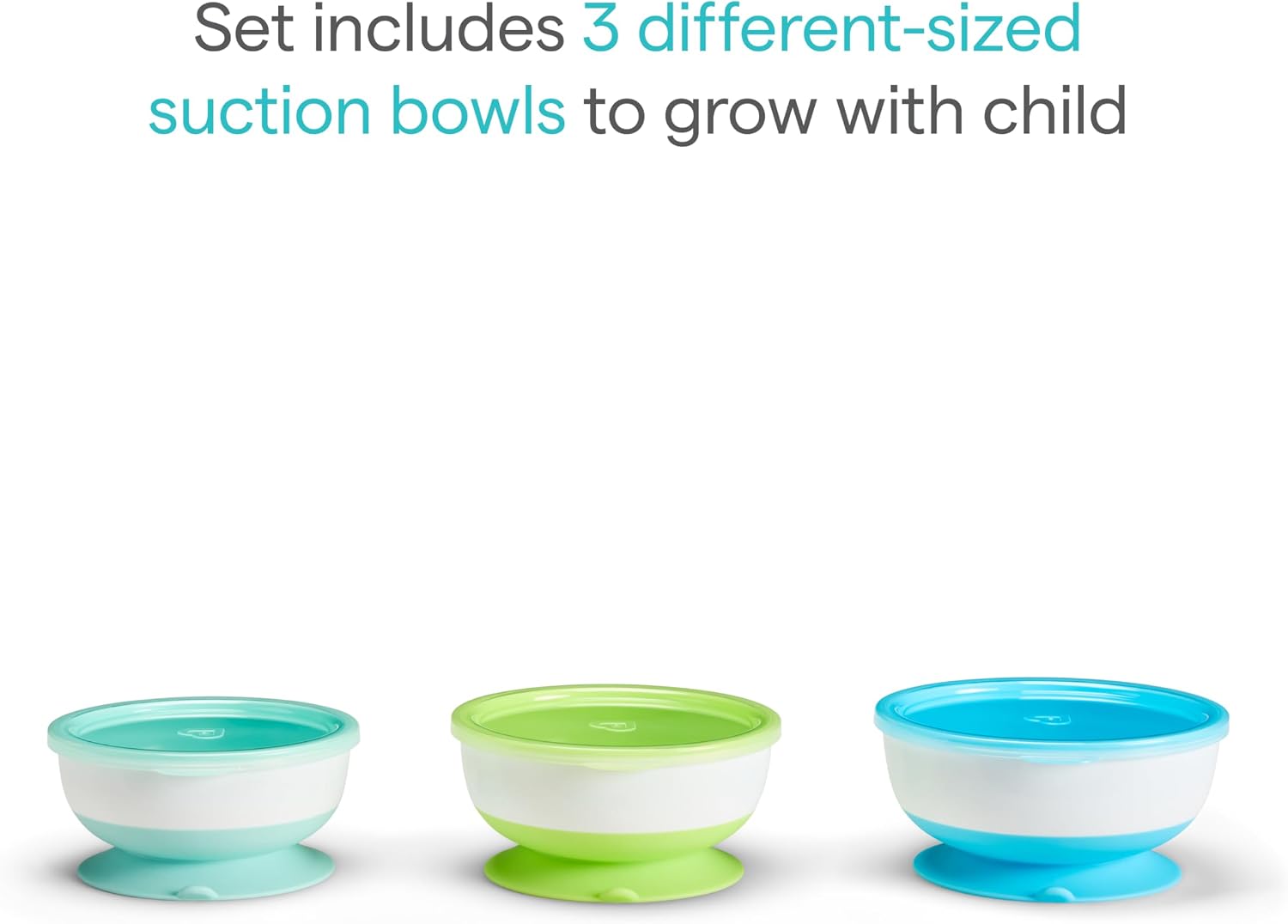 Munchkin Stay Put Suction Baby Bowls with Lids - Dishes for Babies and Toddlers, Self-Feeding Bowl Set for Kids 6+ Months, 3 Pack, Blue/Green