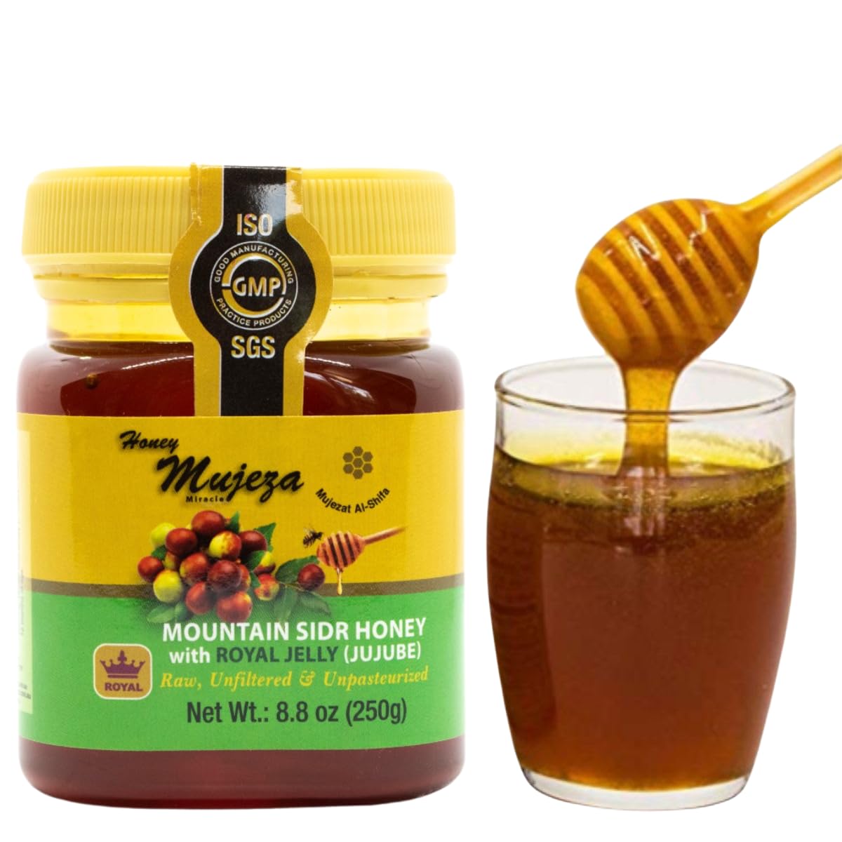 Authentic Mountain Sidr Honey with Royal Jelly – Jujube Honey, Supports Mental Health, Memory and Cognition, 100% Natural, Raw Liquid Honey, Gluten Free (250g/ 8.8 oz)