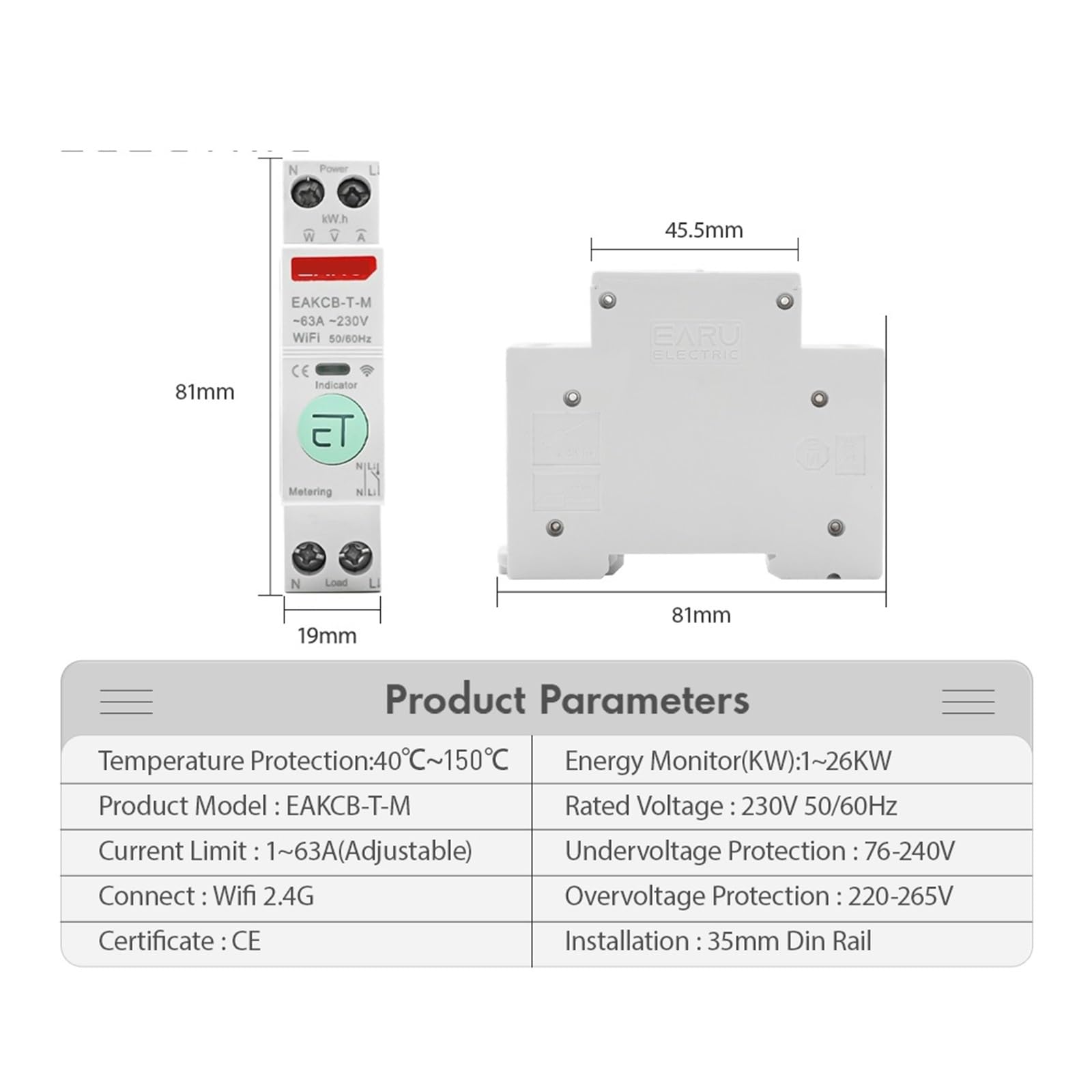 1 pz interruttore automatico protezione da sovracorrente e sottotensione misurazione della potenza interruttore di controllo remoto 1-63A(32A,WiFi)