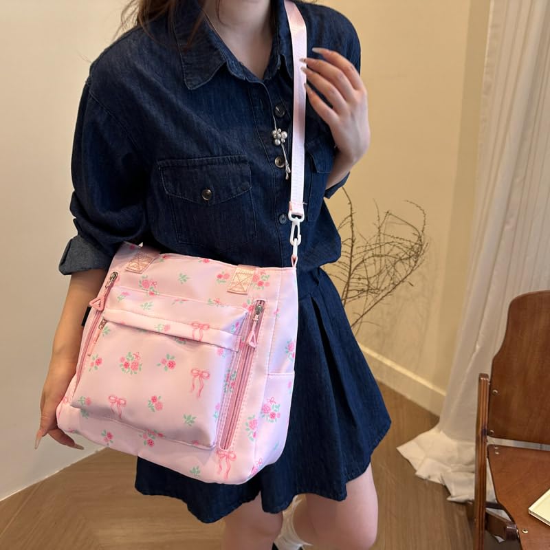 Bow Floral Tote Bag for Women Coquette Cute Shoulder Bags Aesthetics Casual Crossbody Purse2