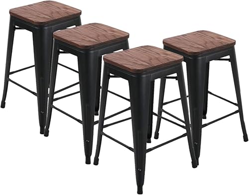 Miniatura 44 de [Juego de 4] Taburete metálico apilable industrial moderno para interior/exterior 17 pulgadas, Metal Plata sin espalda con madera,Sin espalda negro