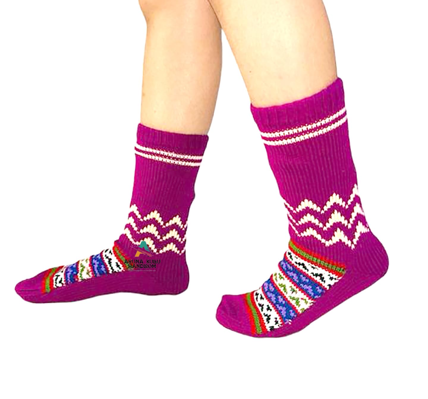 Hand Knitted Pure Woolen Unisex traditional kullu wool socks made with best woolen in market Maroon color-image-0