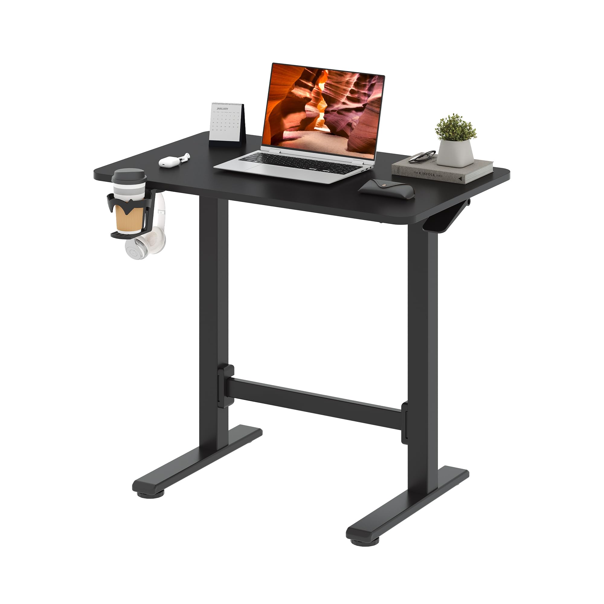 FitStand Pneumatic Standing Desk, 31.5" x 19.7" One-Piece Adjustable Height Home Office Desk, Rolling Computer Workstation with Hooks & Cup Holder,2