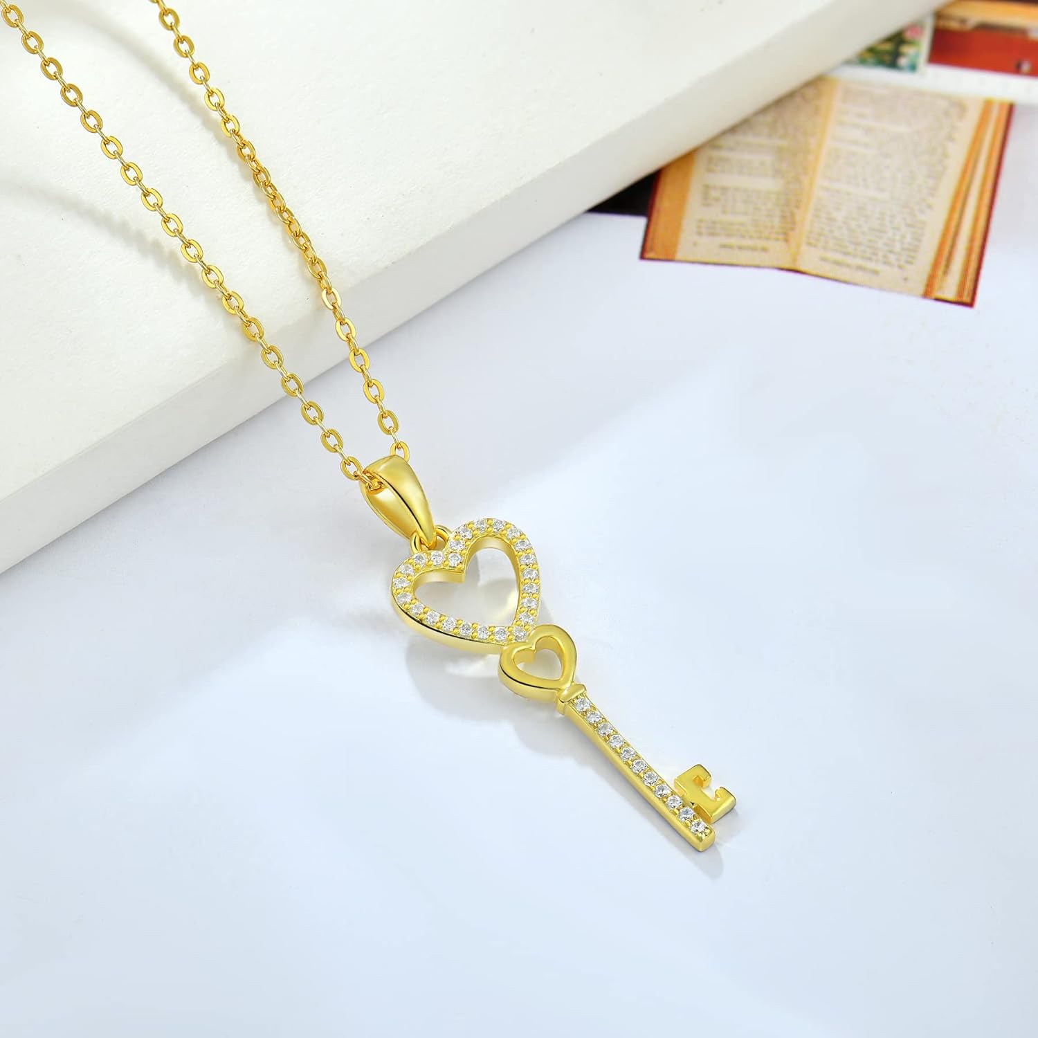 Women Necklace 925 Sterling Silver Heart Key Pendant Necklace with Cubic Zirconia Jewelry - Image 5
