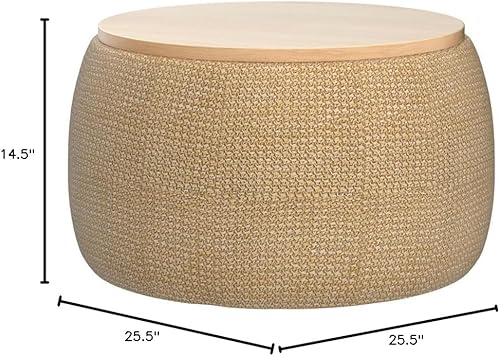 Vista 3 de Zushule Otomana redonda con almacenamiento para sala de estar, mesa auxiliar, reposapiés, mesa auxiliar, con bandeja de tapa reversible (natural)
