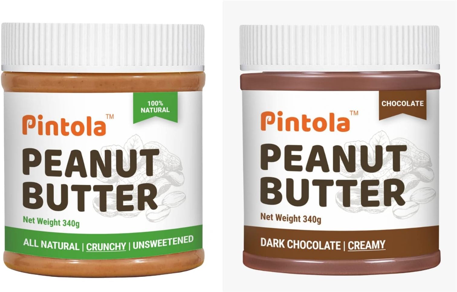 Pintola Combo Pack of All Natural (Crunchy) Peanut Butter 340g (Unsweetened|100% Natural|Non-GMO|Gluten Free|Vegan|High Protein|No Added Sugar) and Dark Chocolate (Creamy) Peanut Butter 340g