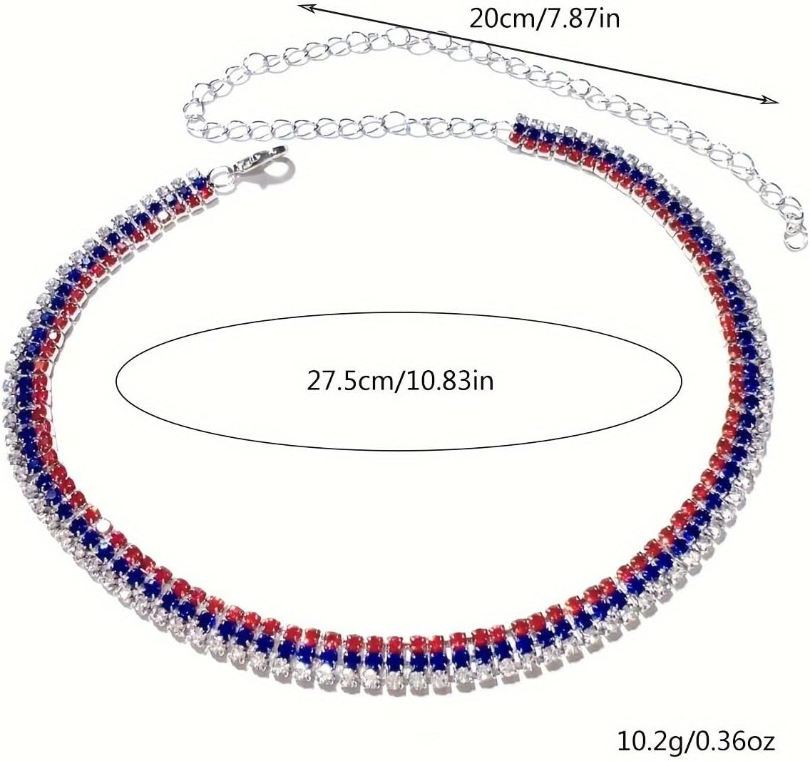 coadipress Rhinestone American Flag Necklace for Women Sparkling 4th of July Independence Day Blue Red White Patriotic Choker Necklaces Memorial Veterans Day Jewelry Gift