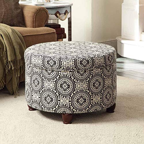 Homepop Home Decor | Upholstered Round Storage Ottoman | Ottoman With Storage For Living Room & Bedroom, Black And White Medallion #TOP1