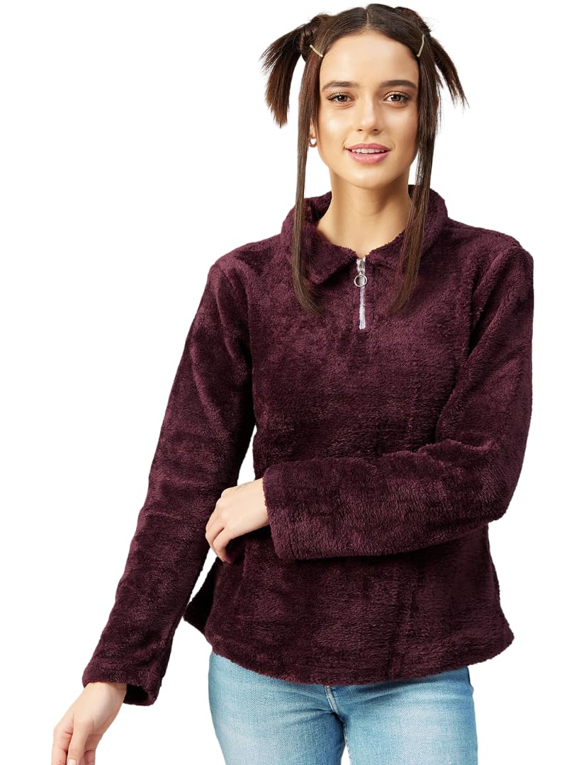 athena lifestyle Women and Girls Polyester Regular fit Long Sleeves Shirt Collar Solid Zip Detail Burgundy Smart Casual Sweatshirt-picture-33