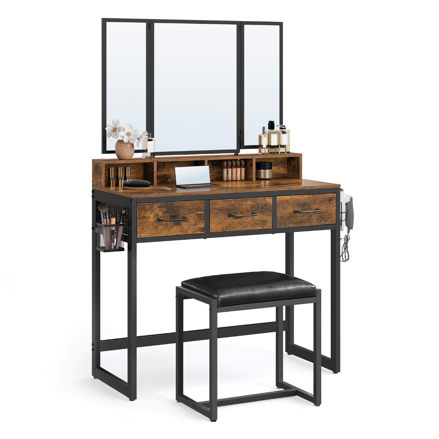 Songmics Vasagle Dressing Table With Mirror And StoolVanity Table With Tri-Fold Mirror3 DrawersMakeup DeskRustic Brown And Black from B&Q