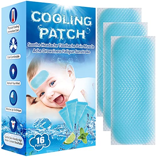 EASYEAH 16 Sheets Baby Cool Pads for Kids Fever Discomfort & Pain Relief, Cooling Relief Fever Reducer, Soothe Headache Pain, Pack of 16