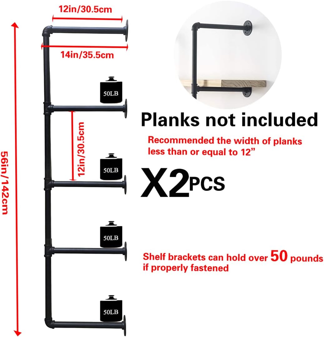 Industrial Wall Mount Iron Pipe Shelf Shelves Shelving Bracket Black Vintage Retro Ceiling Hung shelf DIY Open Bookshelf Storage for offcie Room Kitchen (2PcsX5Tier,56" Tall,12"deep,Hardware Only)
