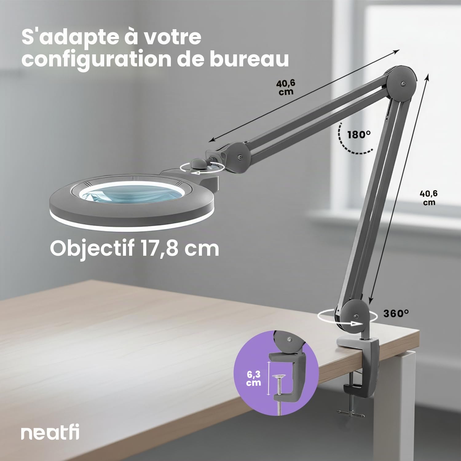 Neatfi XL Lampe Loupe LED Bifocale, Lentille Acrylique de 18 cm (7 po), Intensité Réglable | Bras Ajustable, Travail de Précision Mains Libres | Loisirs Créatifs (Argenté, lentille de 18 cm)