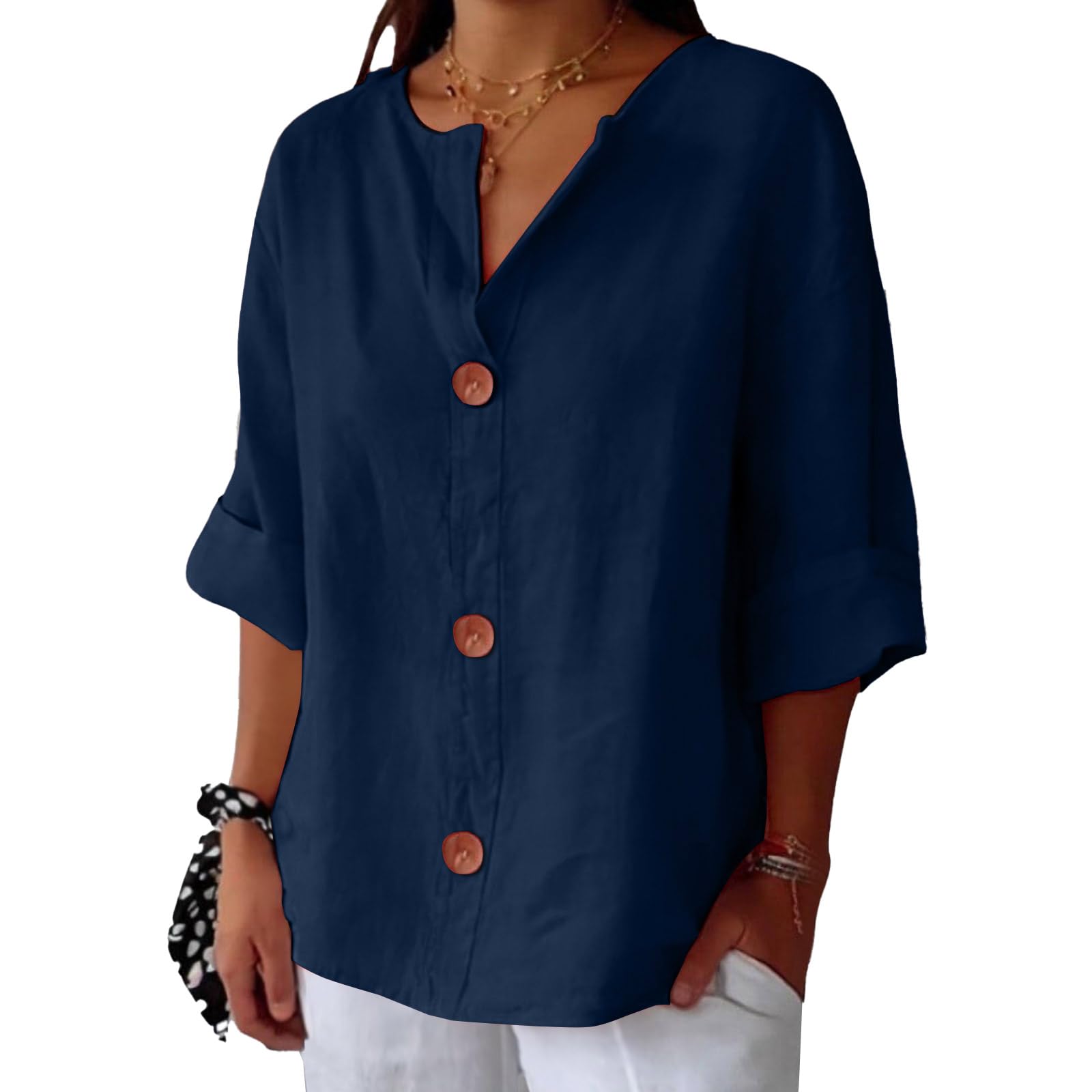 Linen Blouses for Women Plus Size Summer Clothes for Women Linen Shirts V Neck 3/4 Sleeve Tops Loose Vacation Beach Solid Blouses Tunic Tops ropa de lino de Mujer Blue 4XL