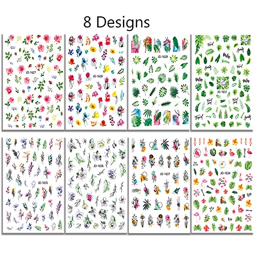 Flower Nail Art Stickers Decals,8 Sheets Spring Summer Nail Decorations 3D Self-Adhesive Watercolor Flower Cool Tropical Palm Tree Leaf Design Nail Stickers Decals Supplies For Women Manicure Tips #TOP2