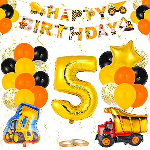 Colmanda Anniversaire Garcon Ballon, Décorations de Fête de Camion Chantier Ballon 5 Ans Deco Ballons D'excavatrice, 5 An Décorations de Construction d'anniversaire pour Enfant Garçon (5 Ans) Cover