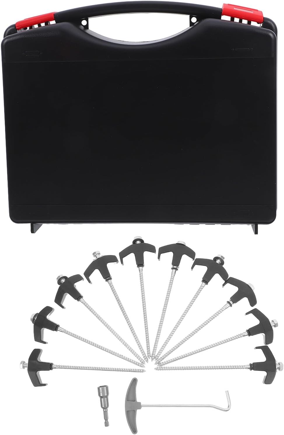 DOITOOL Carbon Steel Tent Stakes Set with Screw Thread M8 Hexagon 8x200mm Ground Anchors Portable Camping Tent Pegs with Plastic Head 10pcs Kit with Sleeve Gray Removal Tool for Outdoor