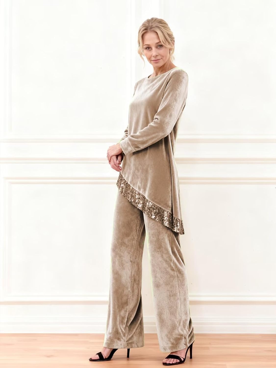 Velvet Mother of The Bride Pants Suits for Wedding Long Sleeve Sequin Formal Outfit Sets 2 Piece Sets Pants Dressy