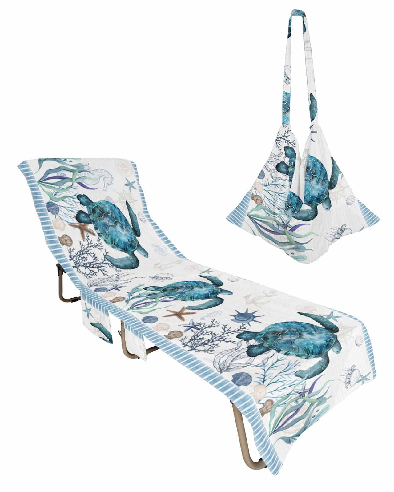 Coastal Sea Turtle Beach Lounge Chair Towel Cover, Soft Chaise Lounge Towel with Side Pockets Patio Pool Chairs Cover for Beach/Pool Sunbathing 29x85 Summer Beach Coral Nautical Ocean