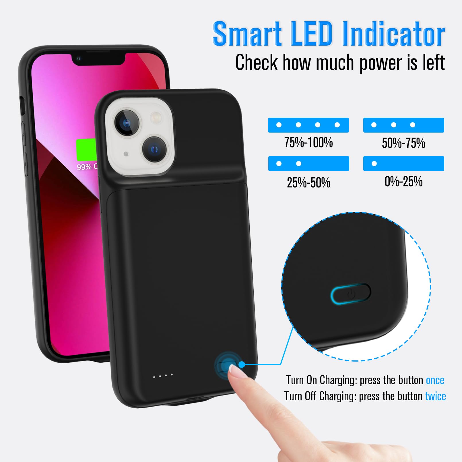 Gladgogo Charging Case for iPhone 13, Real 6000mAh Powerful Smart Battery Case Charger Ultra Slim Portable External Battery Pack Compatible with 13, 6.1 inch, Black