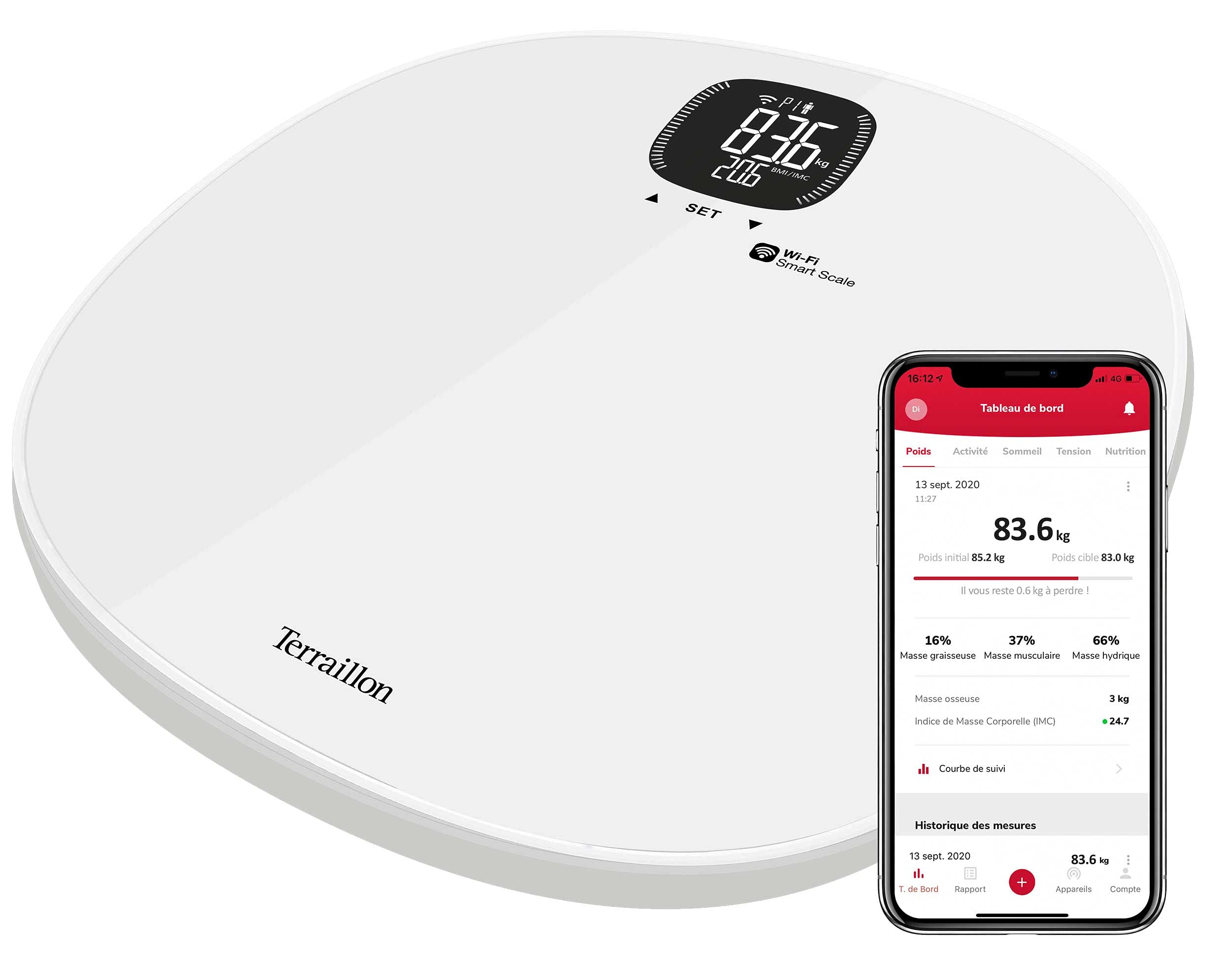 TERRAILLON Balance Connectée Wi-Fi - Calcul Poids et IMC, 4 Capteurs - Application Mobile MyHealth - Jusqu'à 8 Utilisateurs - Modèle 'Master Form'