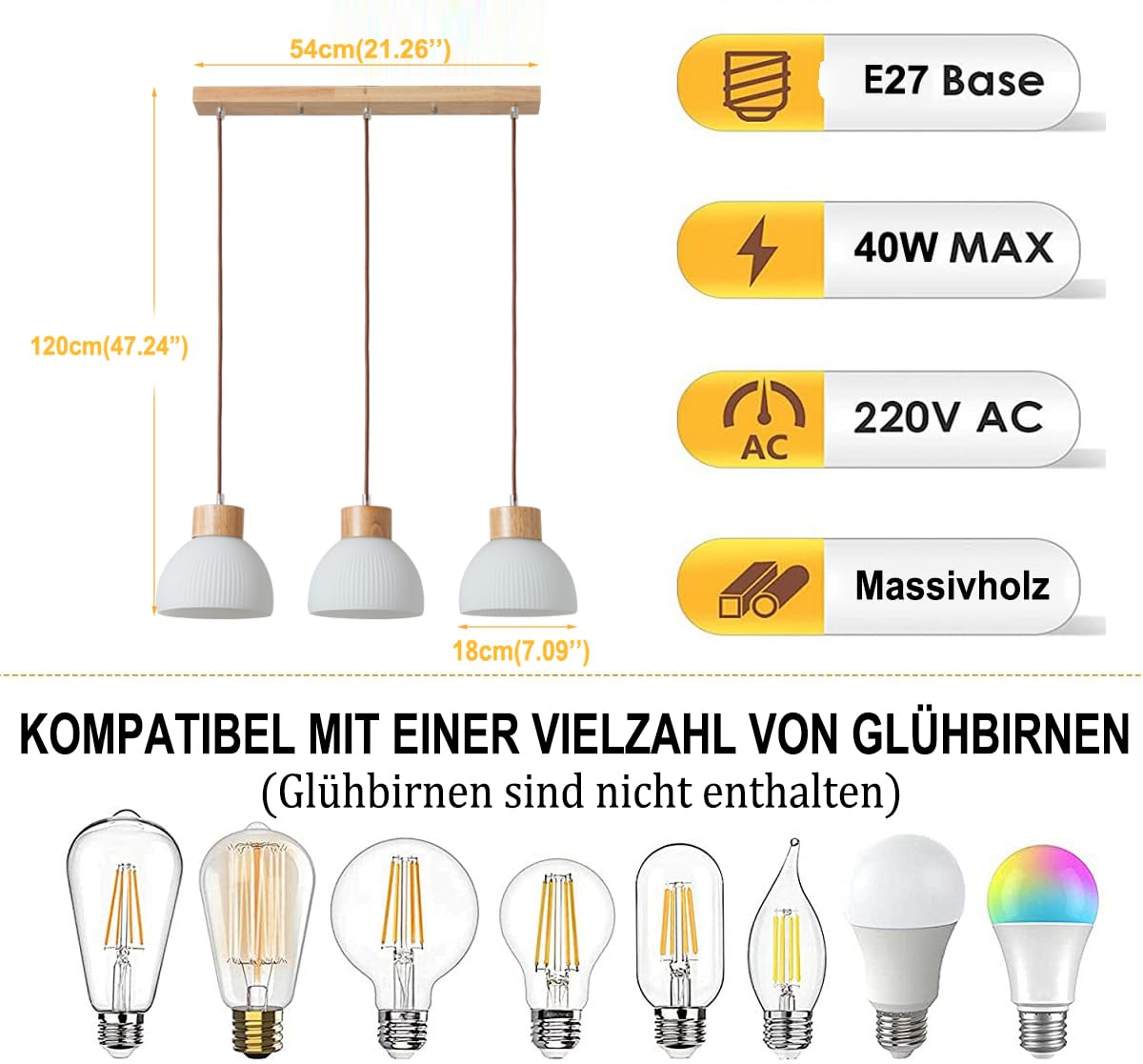 Moderne Industrial Pendelleuchte 3-flammig aus Holz mit Glas-Dekor, verstellbares Kabel E27 Hängeleuchte für Wohnzimmer, Esszimmer, Büro & Hotel