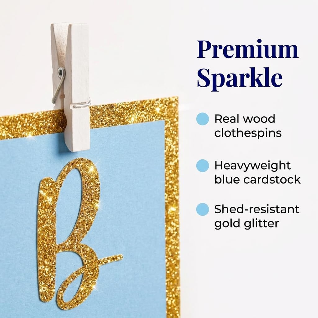 Baby Boy Shower Banner - Blue and Gold Glitter Clothespin Garland image 5