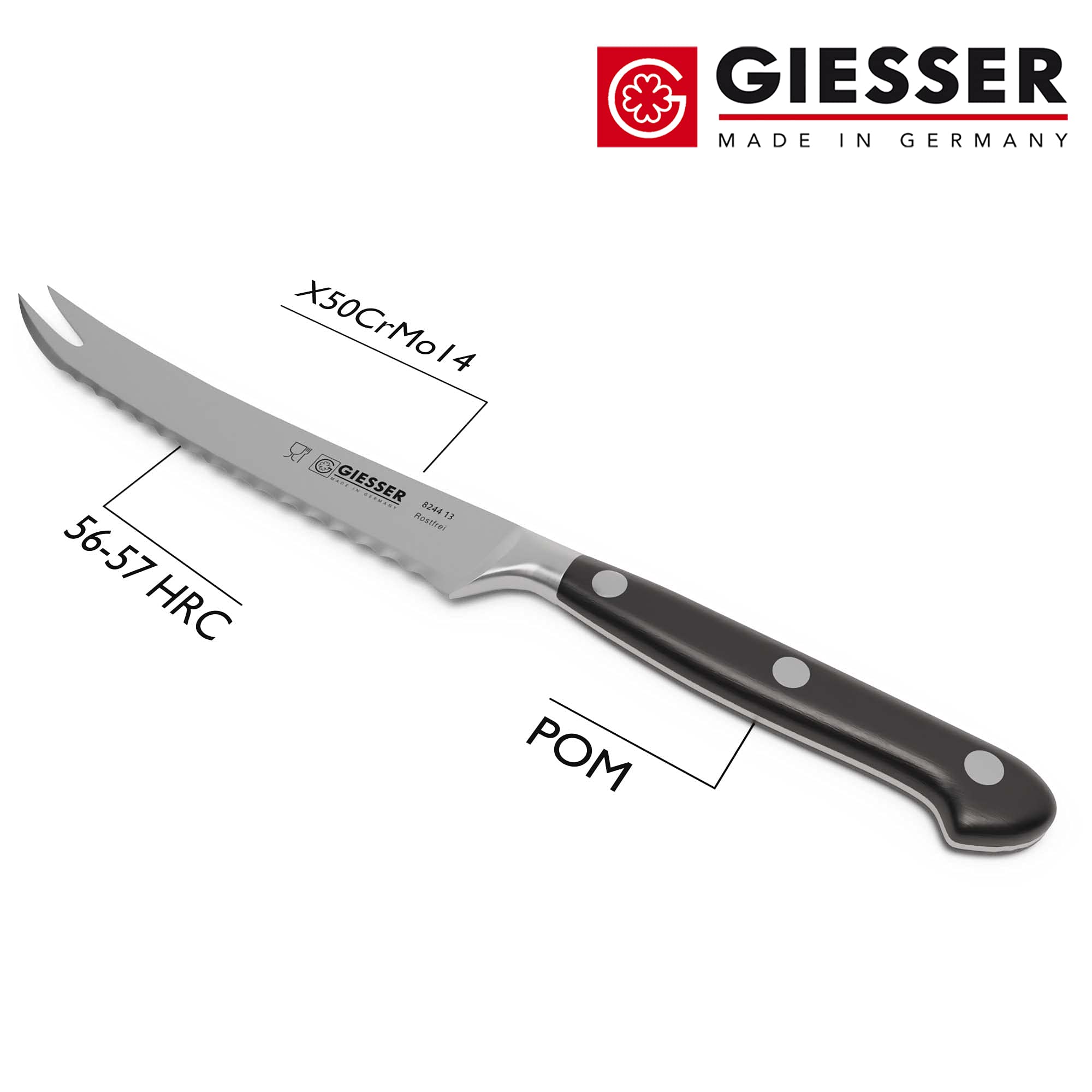 Giesser since 1776 - Made in Germany - Cuchillo para tomates forjado con dientes, Skyline Black, 13 cm, remachado, negro, apto para lavavajillas, acero inoxidable