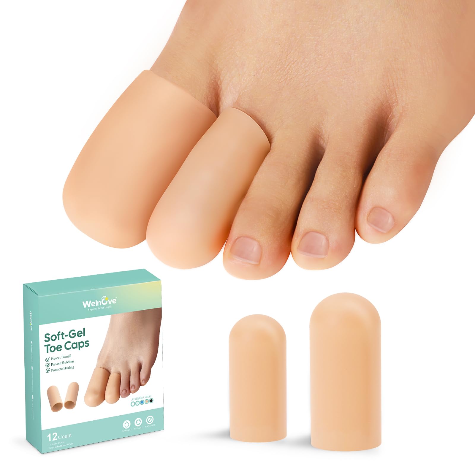 Welnove Gel Toe Cap and Protector - Silicone Toe Covers - Toe Cushions for Pain Relief, Missing or Ingrown Toenails, Corns, Calluses, Blisters (4 Large + 8 Medium, Beige), FSA or HSA Eligible