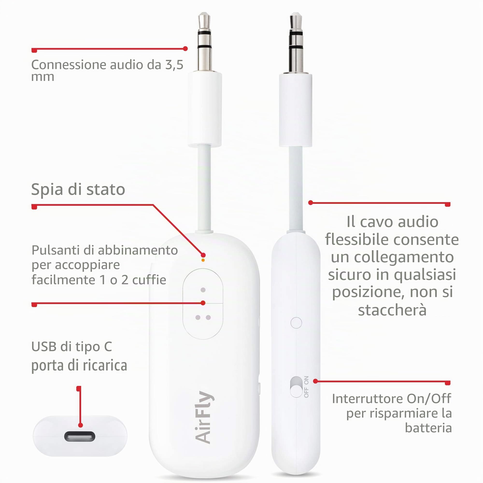 Twelve South AirFly Duo: trasmettitore wireless con condivisione audio per un massimo di 2 AirPods/cuffie wireless a qualsiasi jack audio per l'uso su aerei, barche o in palestra, casa, auto