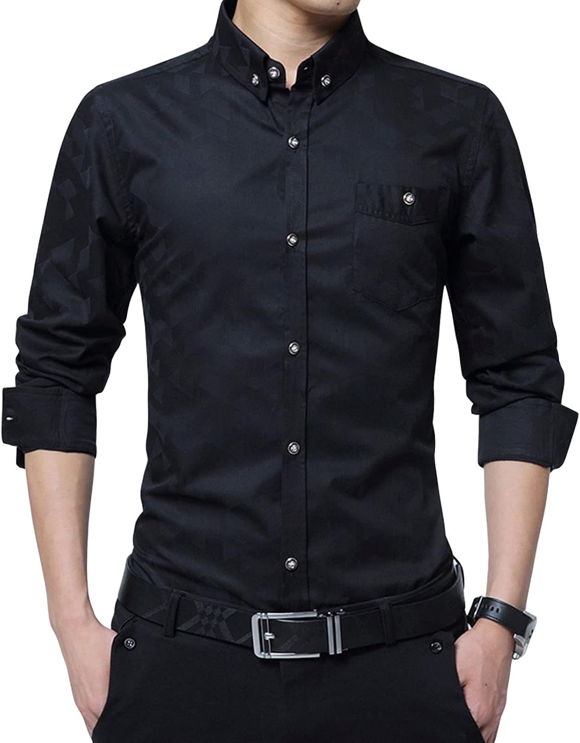 Men's Long-Sleeved Casual Fashion Shirt Classic Fit with Pocket Comfort Shirt Floral Slim Lapel Shirt (Black,X-Large)