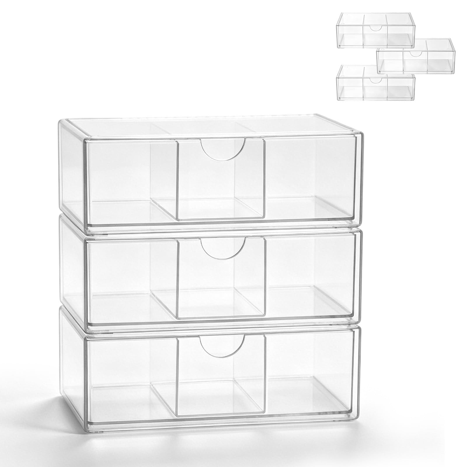 Set di 3 contenitori in acrilico con cassetto, impilabili, 20,5 x 10 x 7 cm, scatola trasparente con divisori rimovibili, per gioielli, capsule di caffè, prodotti sanitari, ufficio