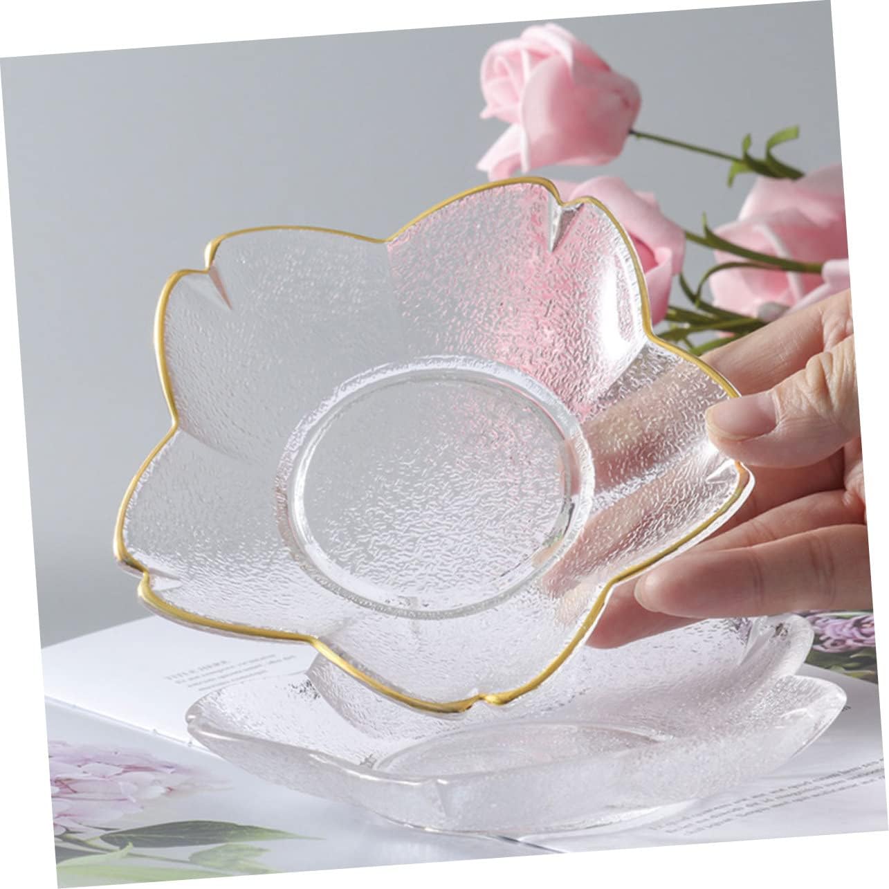 1set Premium Glass Tableware Set Trimmed Cherry Blossom Salad Plates Bowls Elegant Serving Dish for Fruits Snacks and Appetizers for Celebrations Home Entertaining