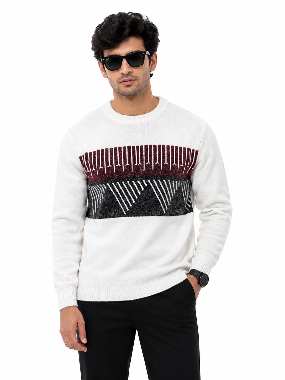 Men's Self Design Round Neck Full Sleeve Soft Knit Winter Pullover | Regular Fit Casual Geometric Pattern Sweater for Men-picture-11