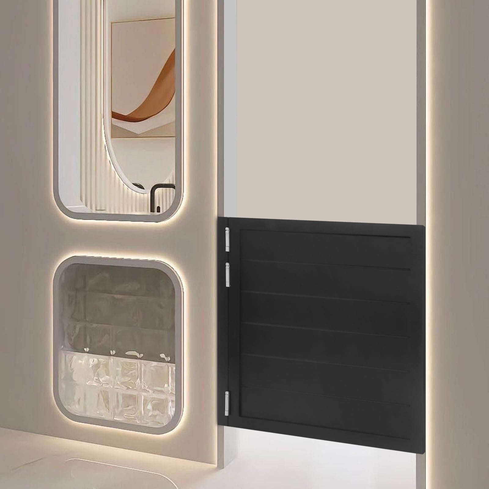 Porte battante simple 90x90 cm noir, épaisseur 3,5 cm en bois de pin, ouverture bidirectionnelle et fermeture automatique, avec cordon, installation facile pour maison, cuisine et débarras