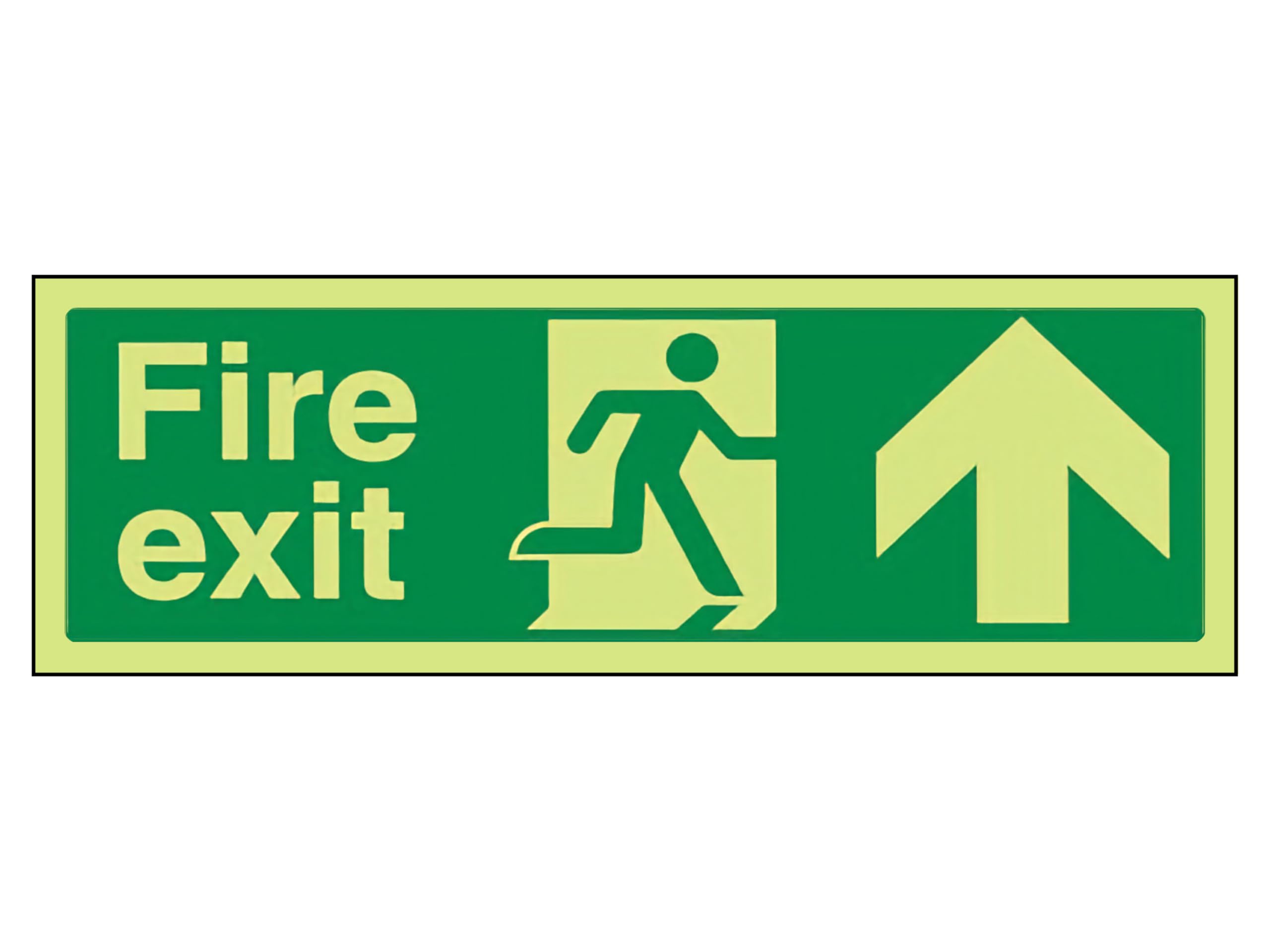 The Workplace Depot Fire Exit Up Glow-in-the-Dark Safety Sign, 150(H) x 450(W) mm Photoluminescent PVC Sign, Running Man with Up Arrow, 8+ Hour Glow – For Offices & Warehouses