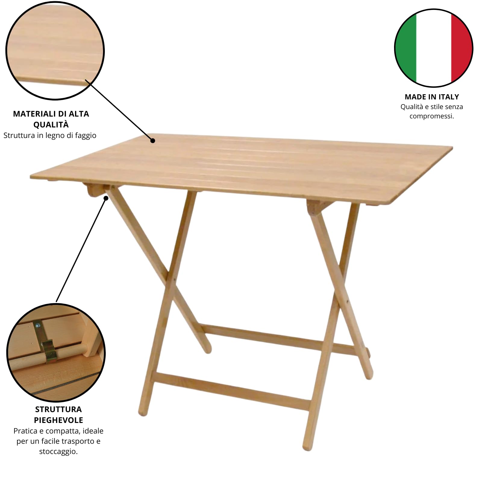 EffeDecor Tavolo Pieghevole in Legno 100x60 Pic Nic Birreria Salvaspazio Tavolino Richiudibile in Legno di Faggio Naturale Portatile da Interno Esterno Campeggio Giardino