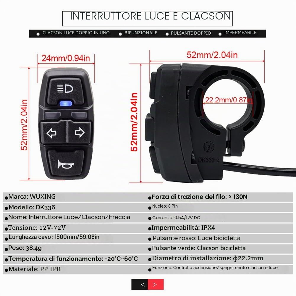 Set di luci e per bicicletta elettrica 36 V 48 V 52 V 60 V con DK336 Light Horn Turning Switch E-Bike Light