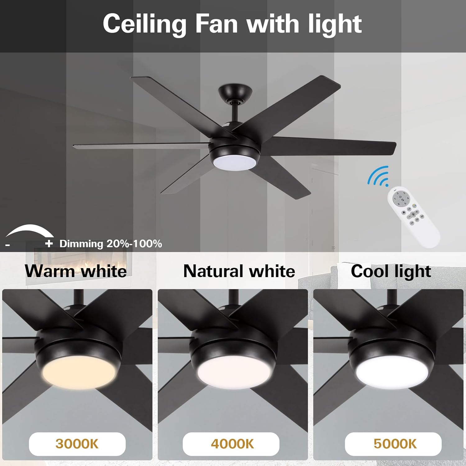 Ceiling fan light showing 3000K warm white, 4000K natural white, and 5000K cool light options