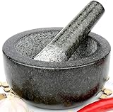 H&S Set de Mortero - Mortero Cocina de Piedra Maciza de Granito para Machacar y Triturar Especias - Set Molcajete Grande de Cocina para Moler - Mortero Pedra Negra