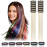 Vista 20 de 12 extensiones de cabello con clip, color champán, extensiones de cabello de oropel con clip, extensiones de cabello con purpurina para niñas