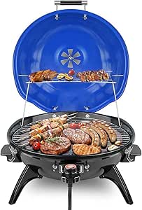 Electric BBQ Grill Techwood 15-Serving Indoor/Outdoor Electric Grill for Indoor & Outdoor Use, Double Layer Design, Portable Removable Stand Grill, 1600W (Countertop Blue BBQ Grill)