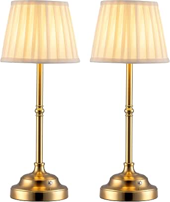 KDG Cordless LED Table Lamps, Set of 2, Gold with Beige Fabric Shades