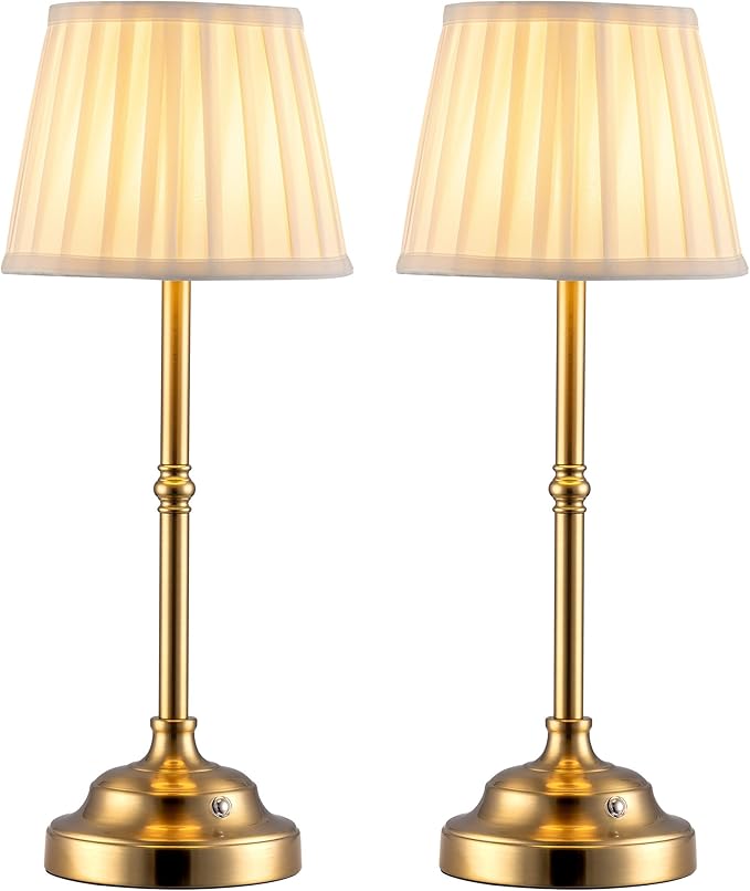 KDG Cordless LED Table Lamp Set of 2, Portables Fabric Shade Desk Lamps, 4000mAh Rechargeable Battery Powered Lighting, Dimmable Light for Dining Room, Bedroom, Bedside, Night Light, Balcony (Bronze)