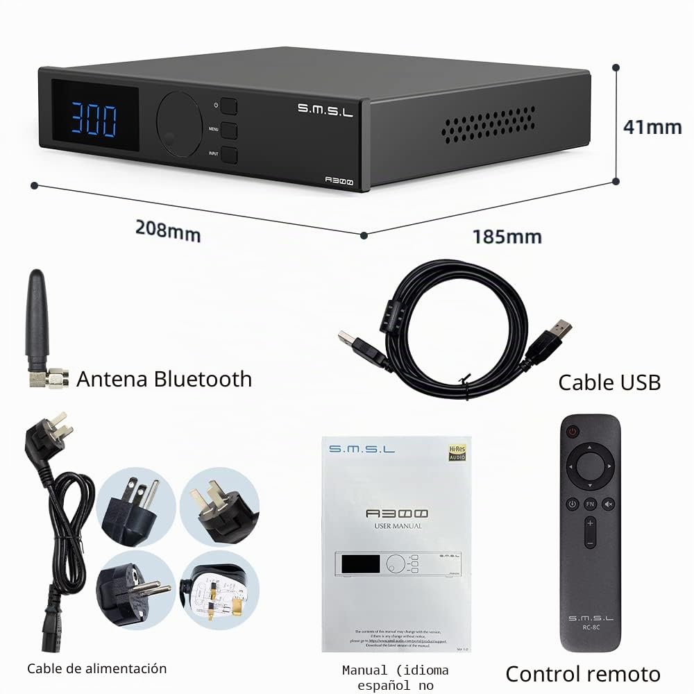 Amplificador de potencia HiFi S.M.S.L A300, receptor de audio de alta resolución con efectos de sonido SDB de amplificador integrado de clase D, RCA, Bluetooth 5.0, entrada USB (con control remoto)