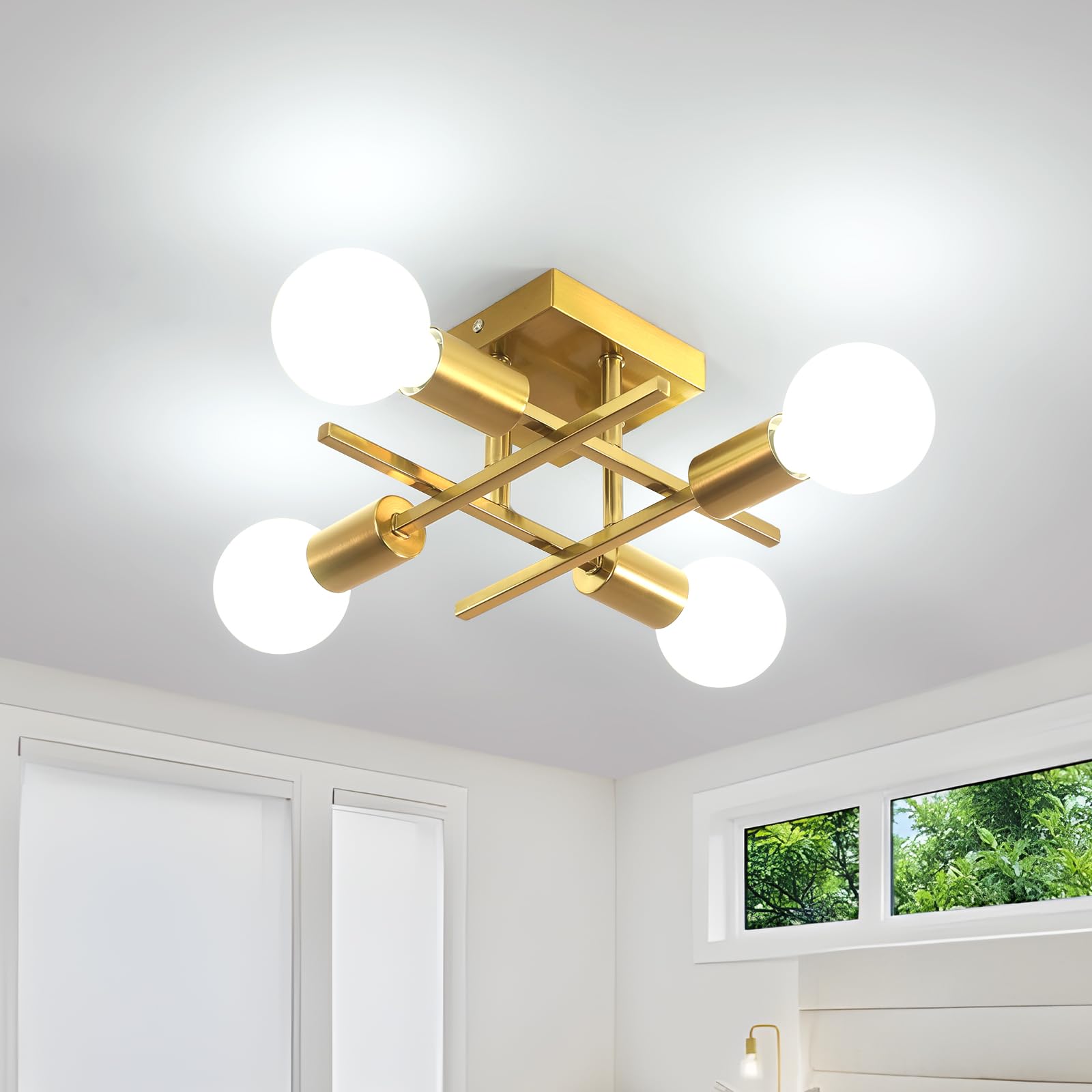 Comely Lámpara de Techo Industrial, Lámpara de Araña Dorado de 4 Luces, E27 Plafon Sputnik Vintage Para Dormitorio Cocina Comedor Pasillo Entrada