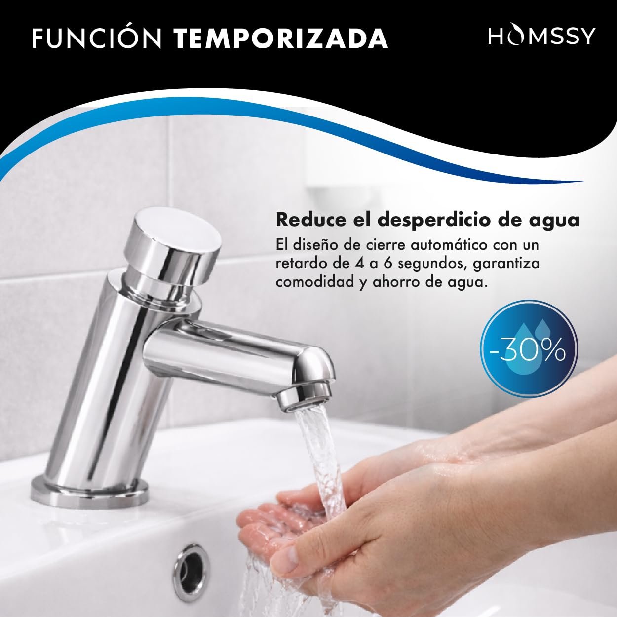 Grifo Temporizado para Lavabo, 2 Aguas (Agua Caliente y Fría), Diseño Cromado, Control Eficiente de Agua