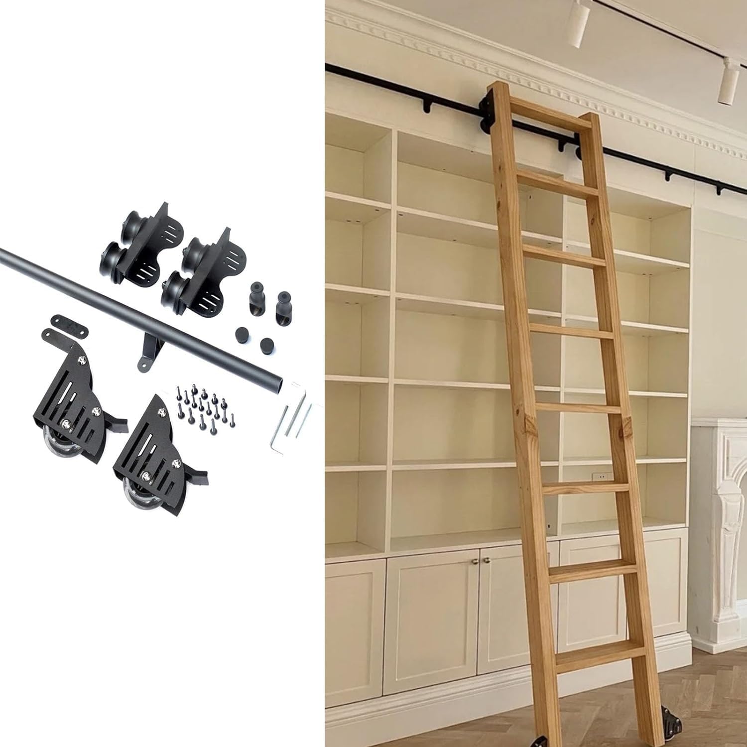 3ft-26.2ft Retractable Rolling Library Ladder Kit(No Ladder), Pulley Type Horizontal Roller Wall Mount Sliding Library Ladder Hardware Kit, Stable Style&Functional Design (Size : 2