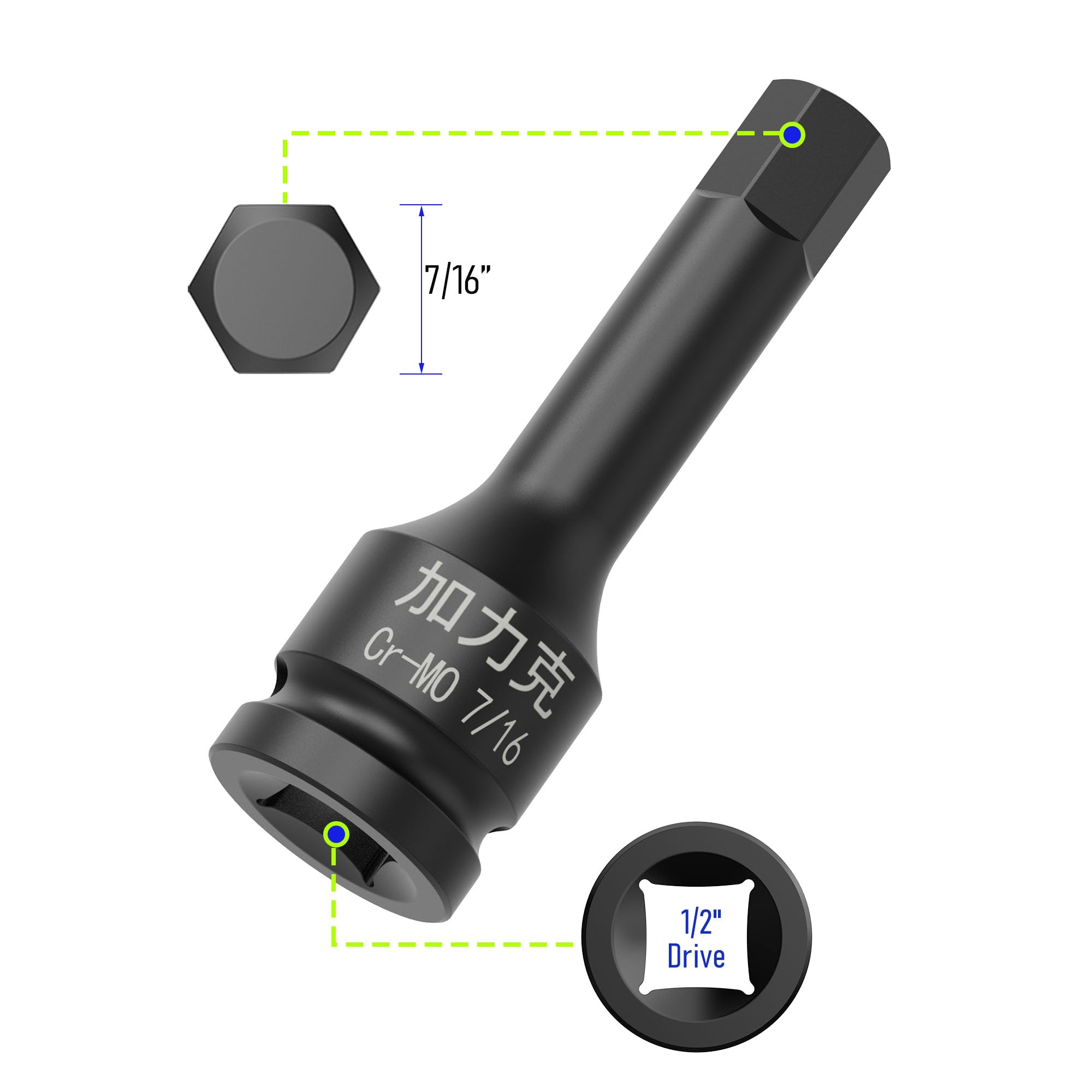 FOCMKEAS 1/2" Square Drive 7/16" Impact Hex Bit Socket, 78mm(3.07") Length, Hex Driver, Impact Grade, One-Piece Construction - Image 2