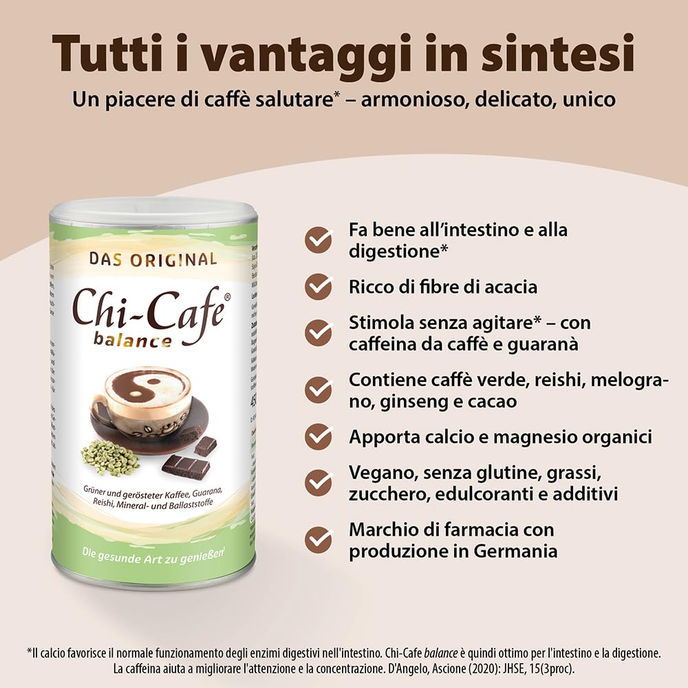 Chi-Cafe Balance 450gr, 90 Tazze | Caffè Solubile Salutare(1) con Fibre Alimentari, Calcio e Magnesio | Favorisce la Digestione(1), Dona Energia(2) e Riduce lo Stress(3) | Vegan, Senza Additivi